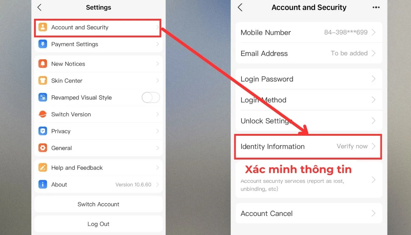 Tùy chọn Account and Security và Identify Information Tùy chọn Account and Security và Identify Information