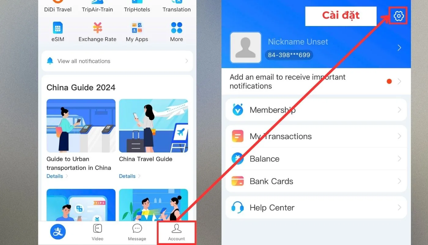 Truy cập mục cài đặt Alipay Truy cập mục cài đặt Alipay