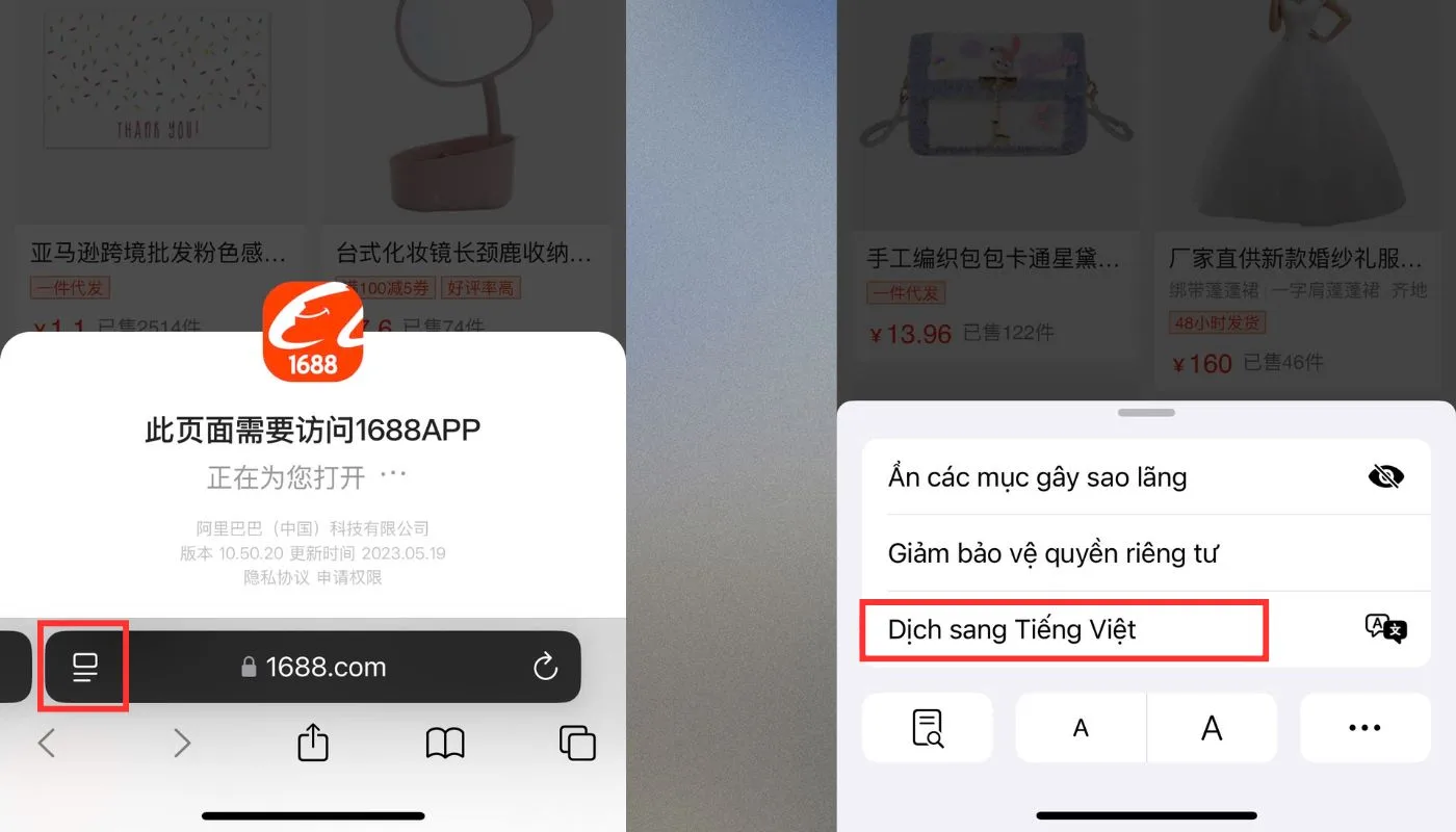 Dịch 1688 sang tiếng Việt trên điện thoại qua Chrome hoặc Safari Dịch 1688 sang tiếng Việt trên điện thoại qua Chrome hoặc Safari