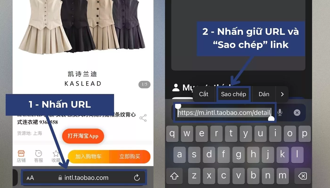 Cách copy link sản phẩm trên Taobao – Nhấn giữ URL sản phẩm và chọn “Sao chép”