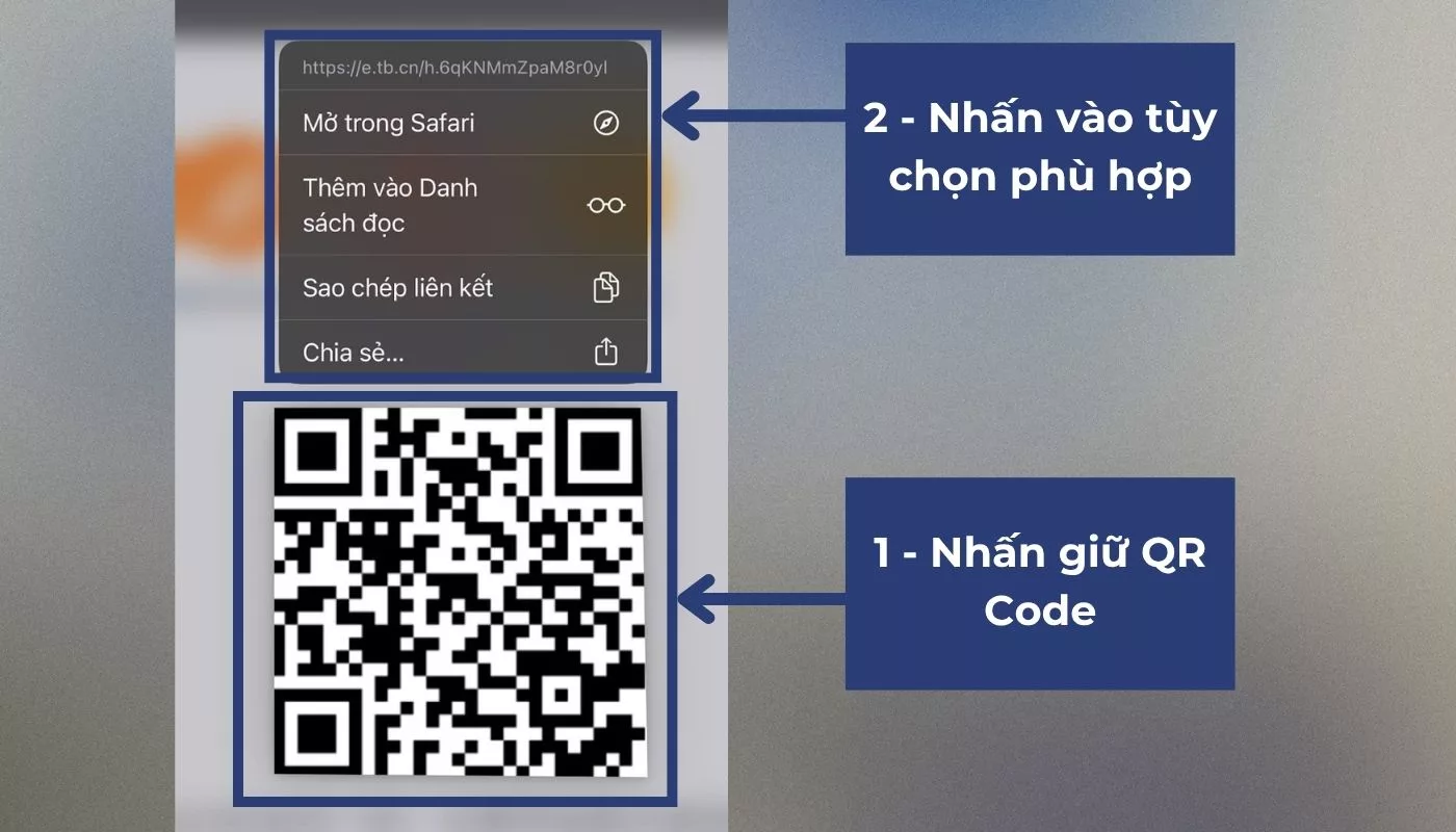 Nhấn giữ mã QR để hiển thị các tùy chọn mở hoặc sao chép link