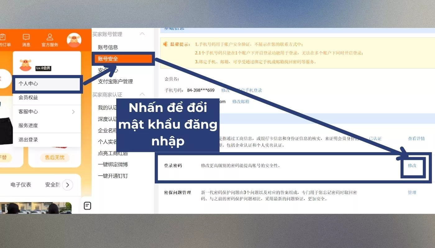 Vào mục tài khoản cá nhân và chọn đổi mật khẩu đăng nhập