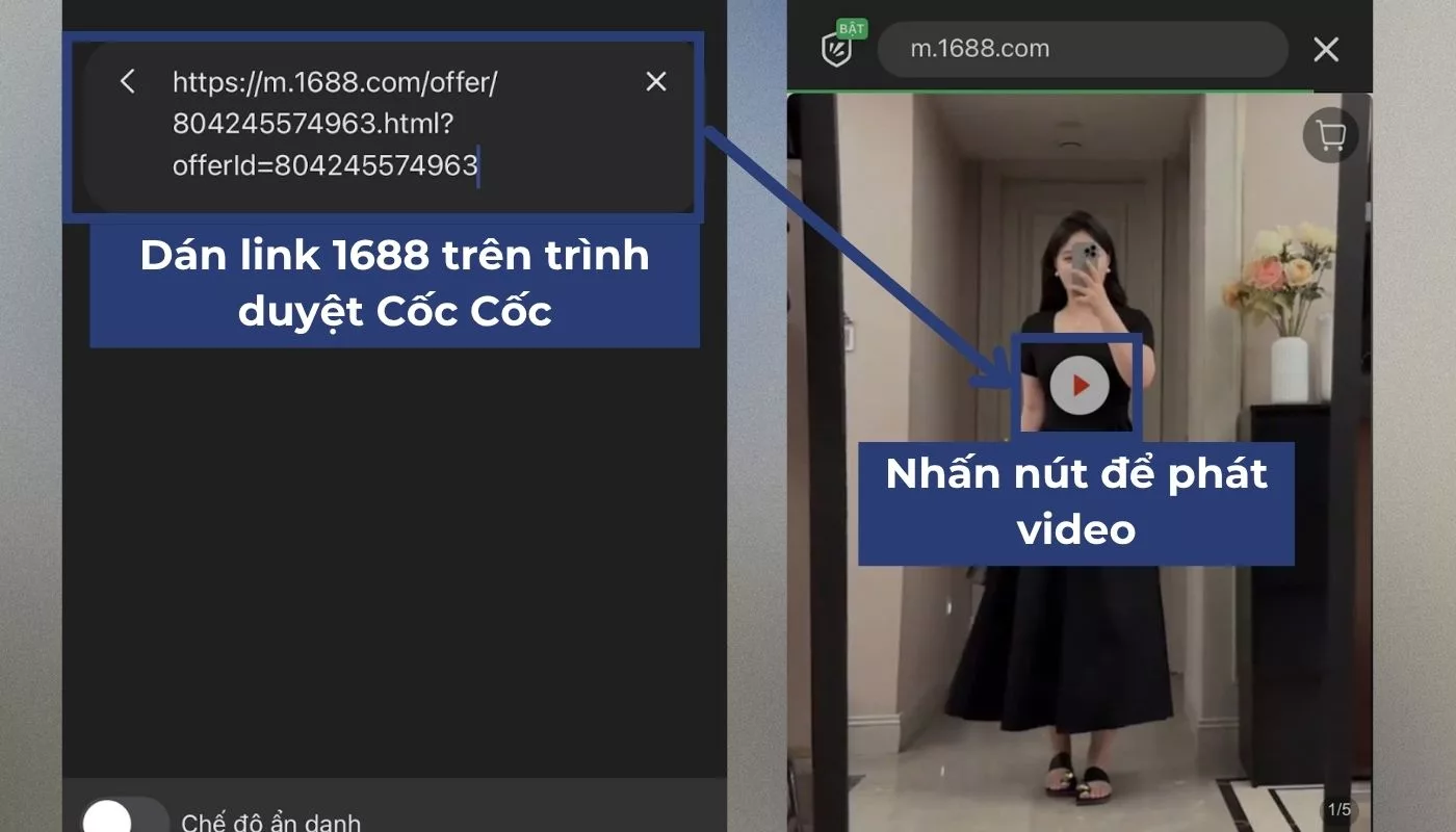 Dán link sản phẩm 1688 trên trình duyệt Cốc Cốc và nhấn phát video