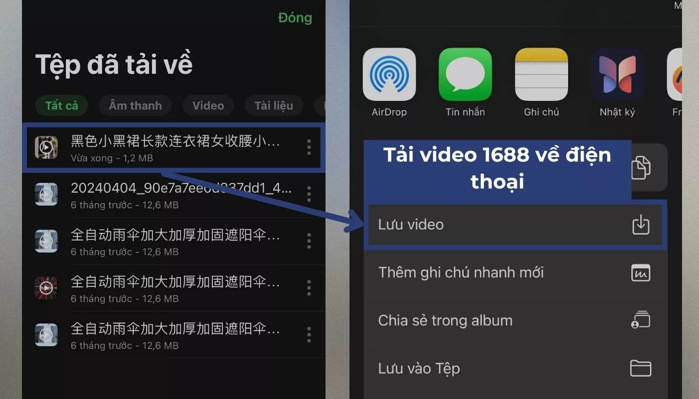 Nhấn nút “Chia sẻ” và “Lưu video” để tải video 1688 về điện thoại