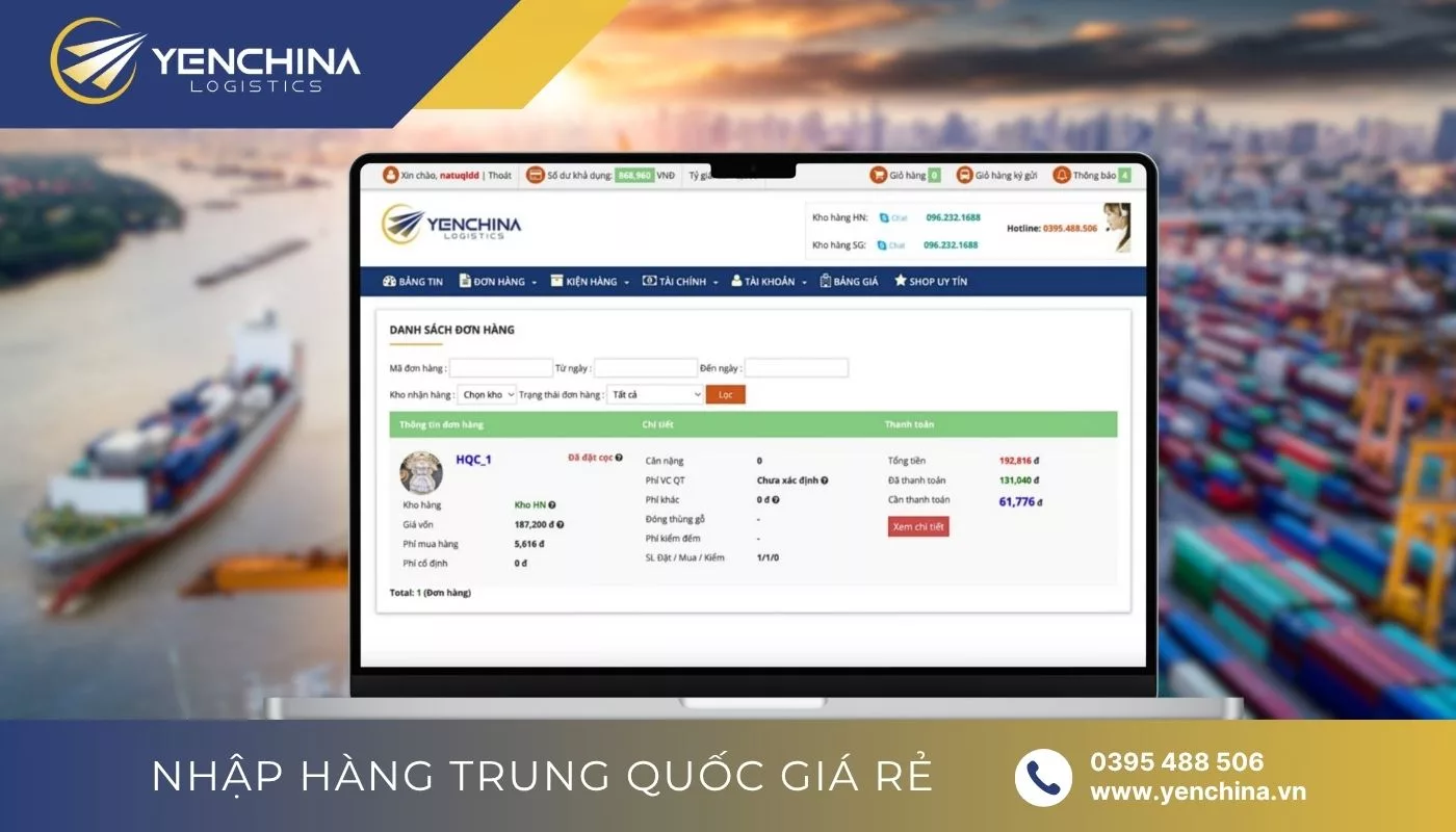 Theo dõi tình trạng ký gửi hàng China qua website/app quản lý đơn của Yến China