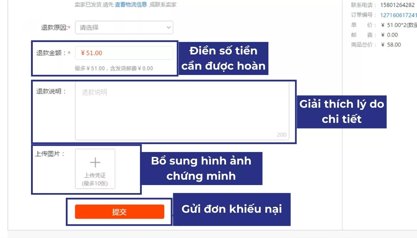 Cung cấp thêm thông tin chứng minh lý do yêu cầu hoàn tiền Taobao Cung cấp thêm thông tin chứng minh lý do yêu cầu hoàn tiền Taobao