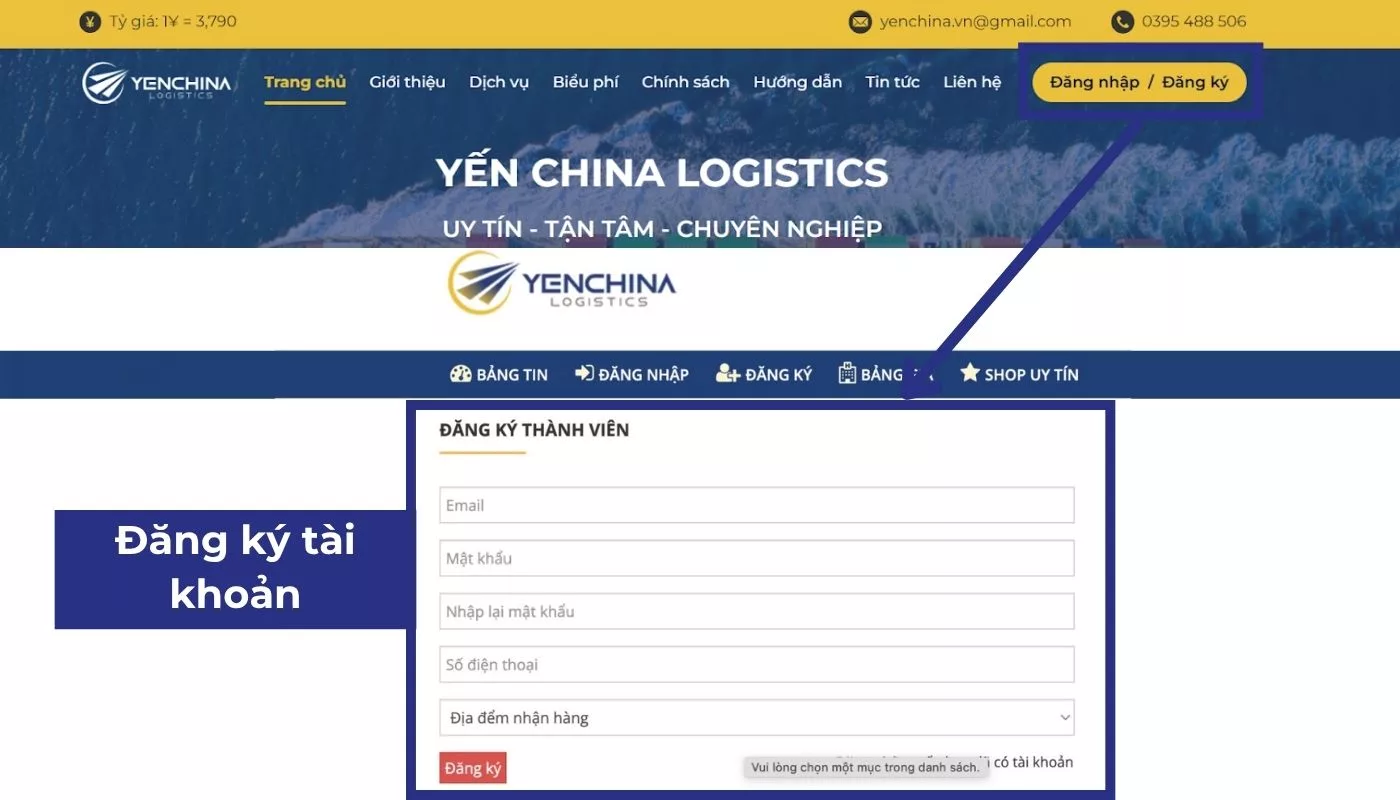 Đăng ký tài khoản khách hàng trên website chính thức của Yến China