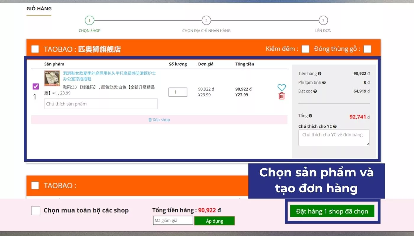 Truy cập giỏ hàng Yến China để tiến hành order trên Taobao 1688 Tmall