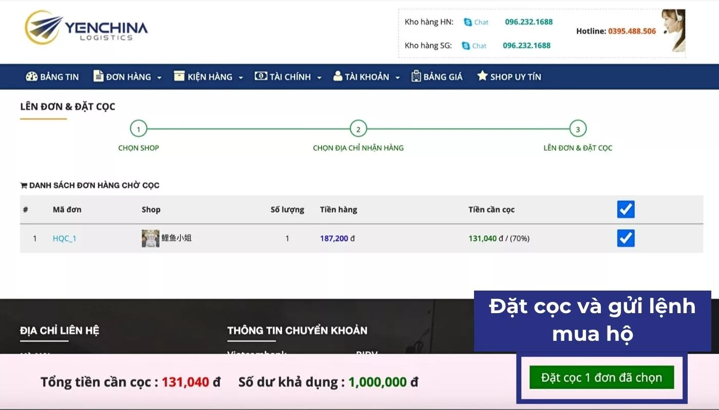 Đặt cọc đơn hàng để hoàn tất cách order Taobao 1688 Tmall qua dịch vụ trung gian của Yến China