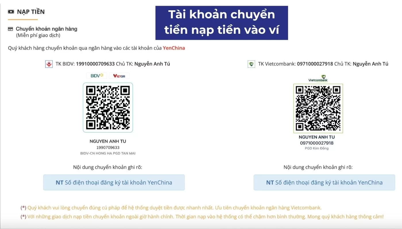 Chuyển khoản ngân hàng để nạp tiền vào ví Yến China