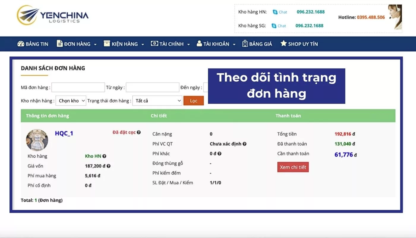 Theo dõi tình trạng đơn order Taobao 1688 Tmall mới nhất trên hệ thống Yến China