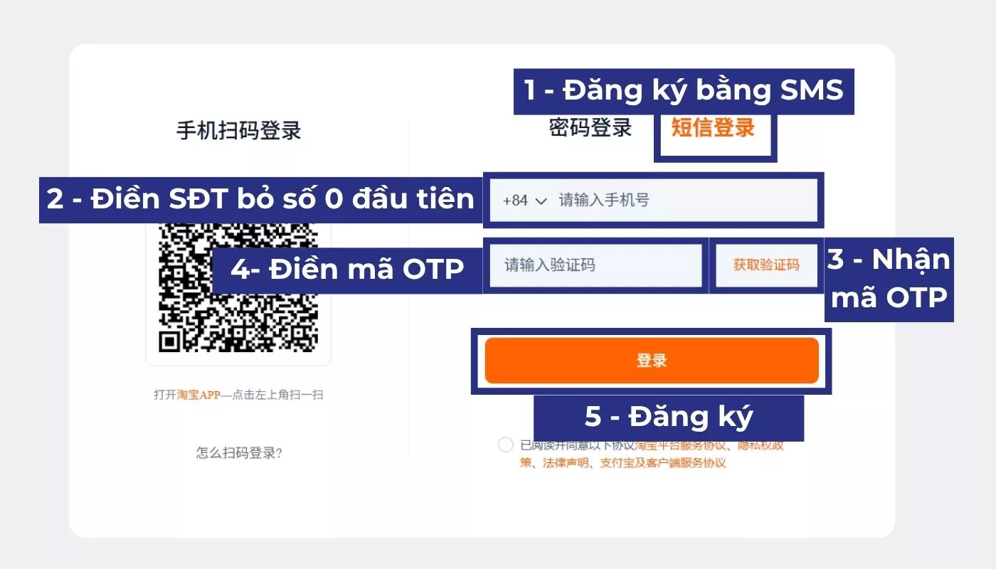 Chọn phương thức đăng ký bằng SĐT và mã OTP