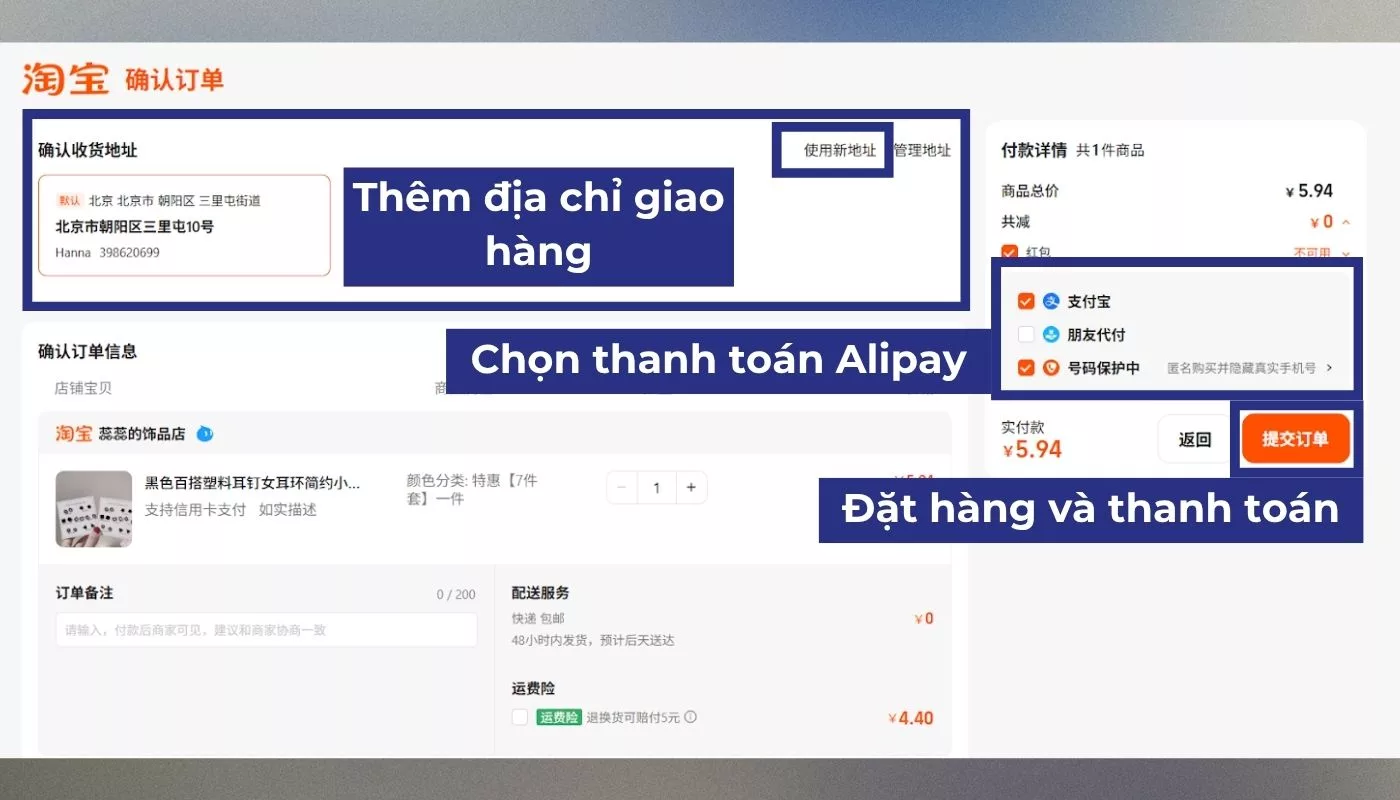 Thêm địa chỉ, chọn phương thức thanh toán phù hợp và nhấn đặt hàng