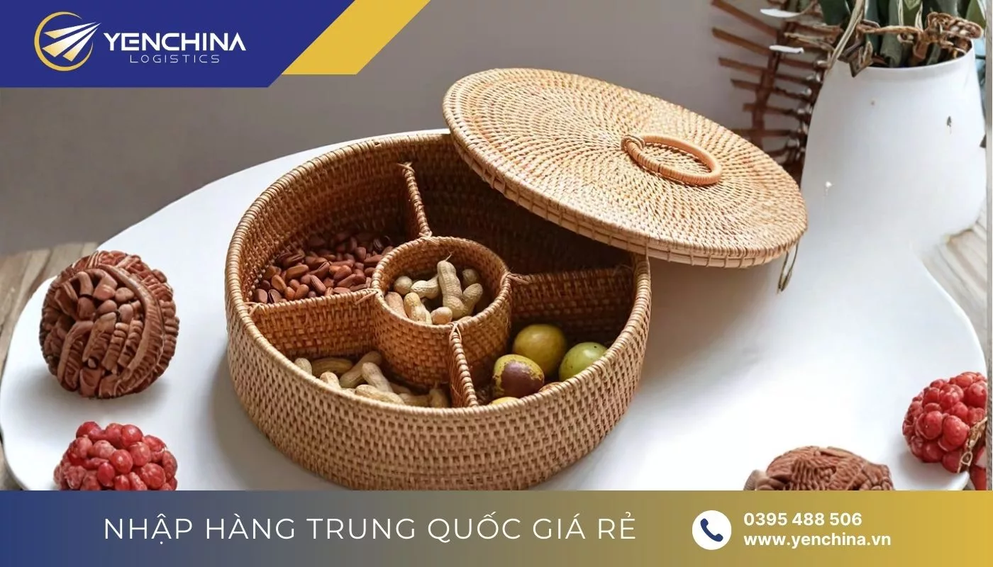 Khay 5 ngăn đan mây tre hình tròn nội địa Trung để bánh mứt