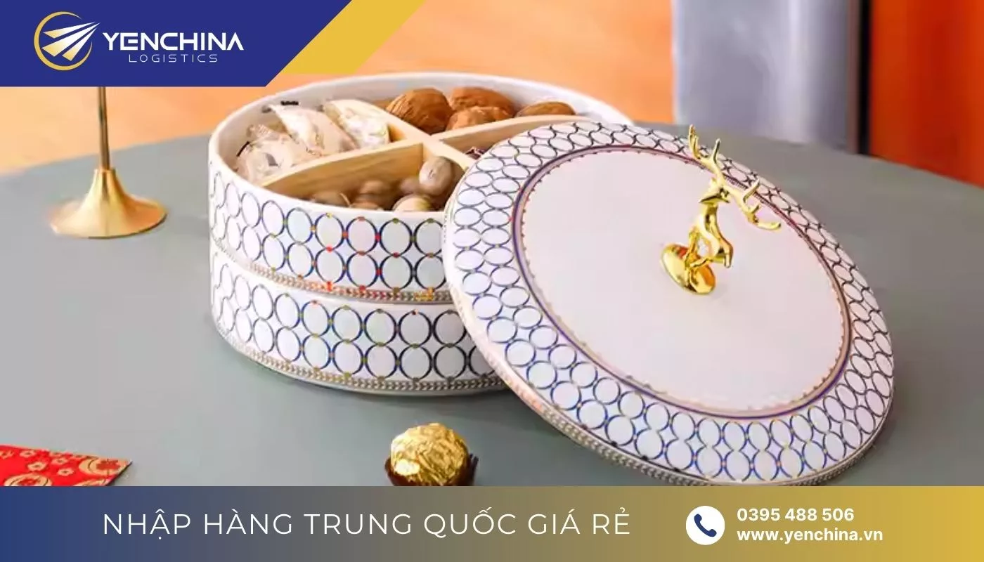 Hộp bằng sứ đựng bánh kẹo ngày Tết nội địa Trung màu trắng
