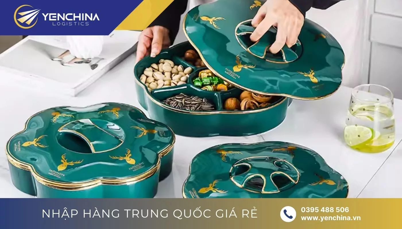 Khay Trung Quốc bằng sứ đựng bánh kẹo màu xanh ngọc