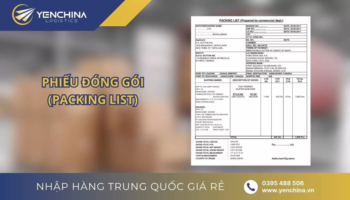 Mẫu phiếu đóng gói - một trong các giấy tờ cần thiết khi vận chuyển hàng Trung Quốc quan trọng