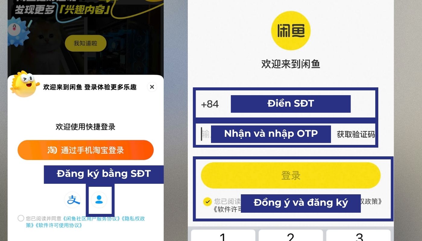 Cách tạo tài khoản Xianyu bằng SĐT và mã OTP