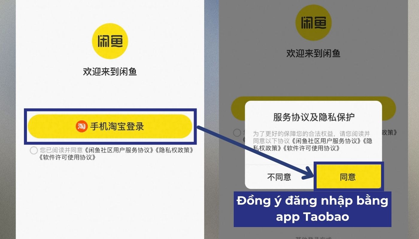 Chọn tạo tài khoản Xianyu bằng app Taobao
