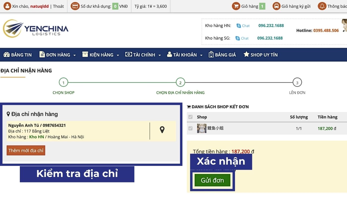 Chọn địa chỉ nhận hàng và nhấn Gửi đơn order hàng China