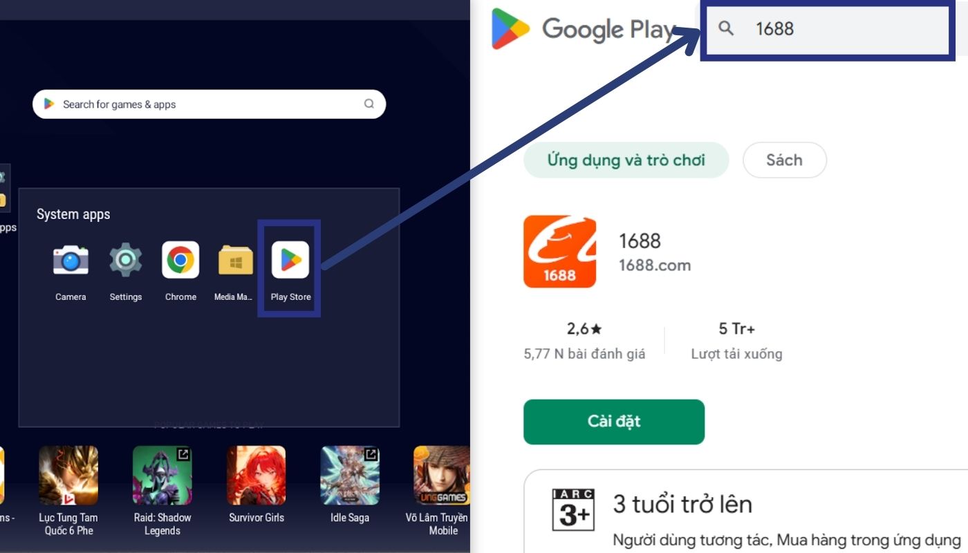 Tìm app 1688 trên phần mềm giả lập