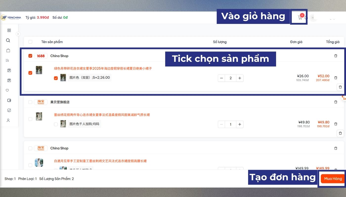 Tạo đơn đặt hộ hàng hóa 1688.com trên website Yến China