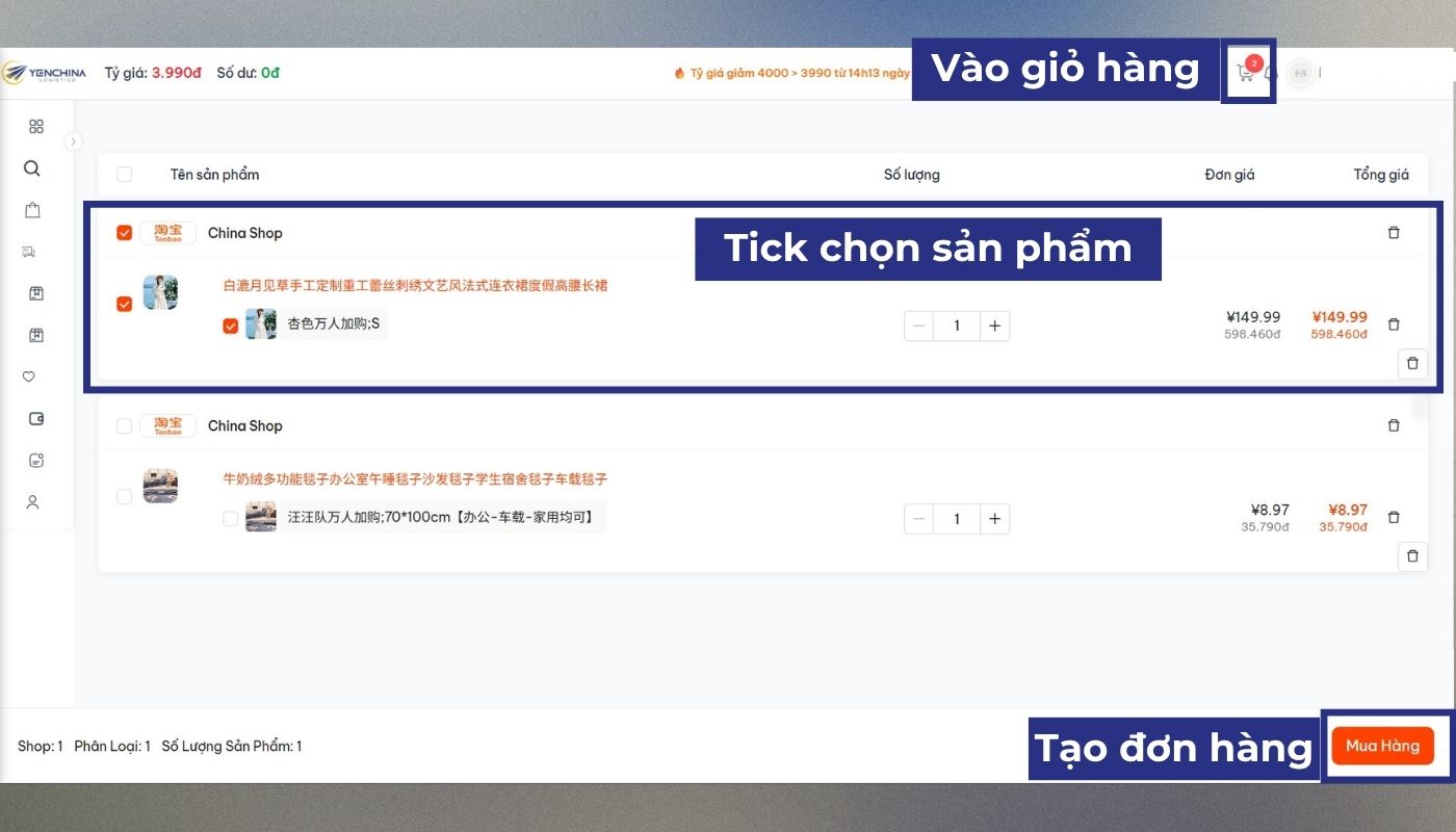 Bước 4: Tạo đơn hàng order Tmall trên website Yến China 