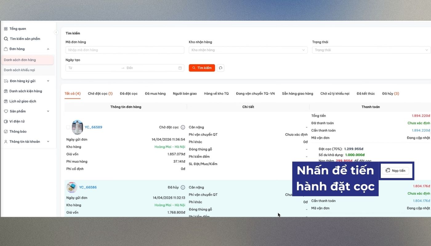 Bước 5: Tiến hành đặt cọc đơn mua hàng hóa China