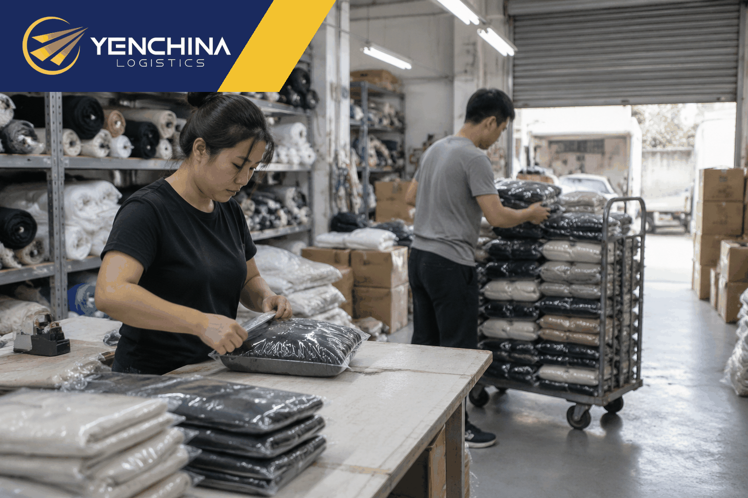 Xưởng Trung Quốc đóng gói hàng và chuyển lên xe đẩy để giao về kho