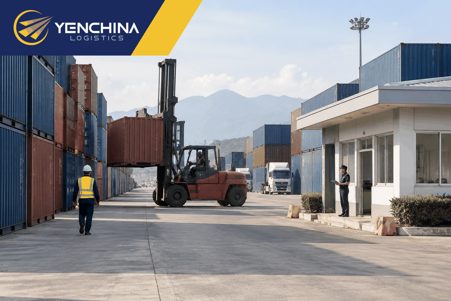 Bãi container tại khu vực hải quan với xe nâng đang làm hàng