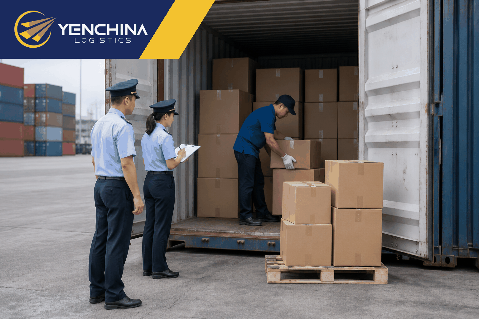 Cán bộ kiểm hoá đứng tại cửa container mở, bên trong xếp đầy thùng carton