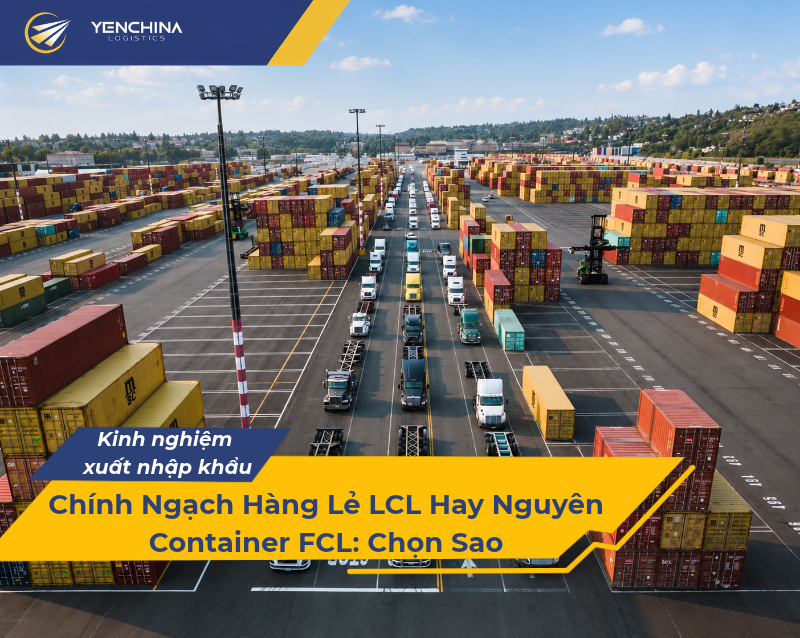 Bãi container và xe tải tại cảng, nơi hàng nguyên container chờ thông quan