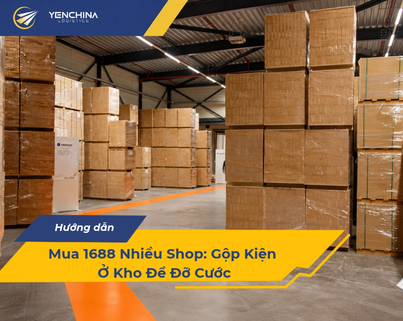 Thùng carton của nhiều shop 1688 xếp chờ gộp kiện trong kho